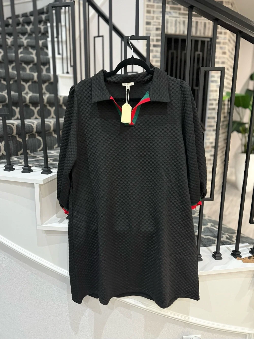 JODIFL Black Textured Polo Dress with Red and Green Trim Accents - Picture 1 of 2